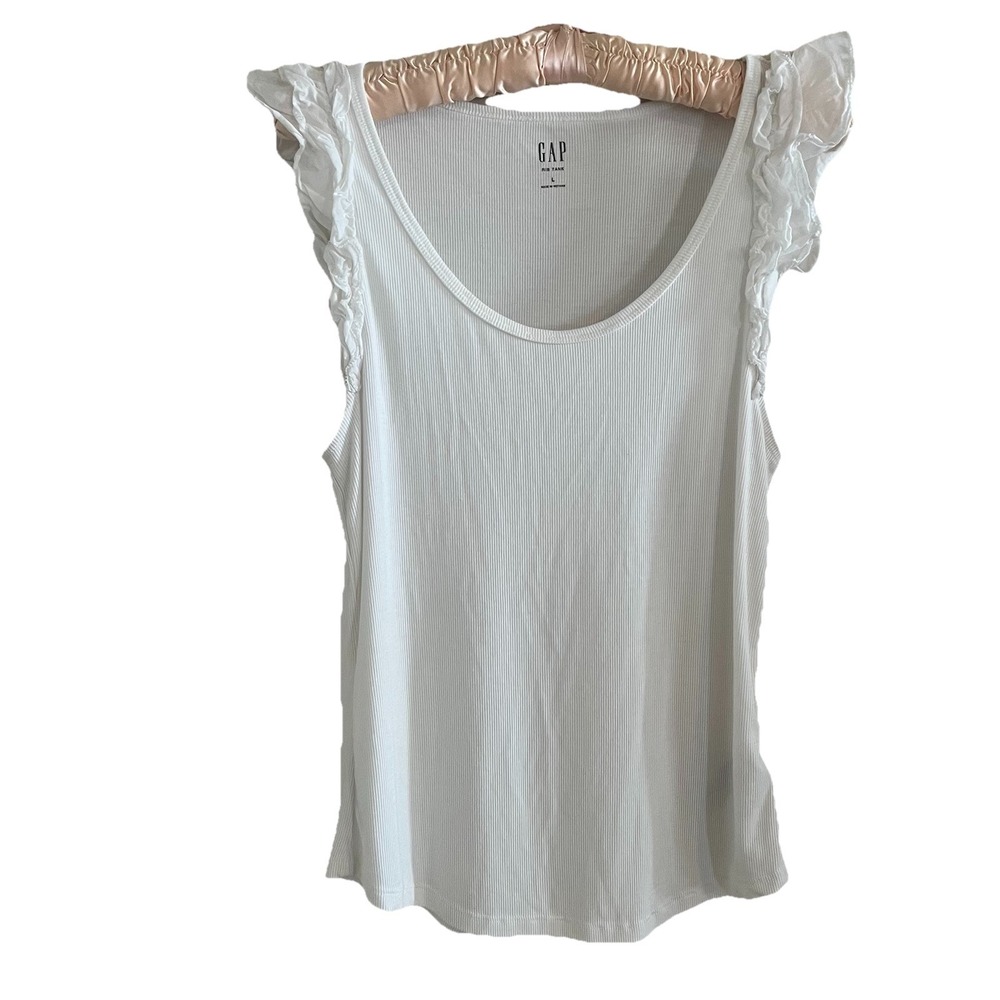 GAP‎ White Ruffled Cap Sleeve Top Women's L Ribbed Knit Cotton Modal Soft Girl